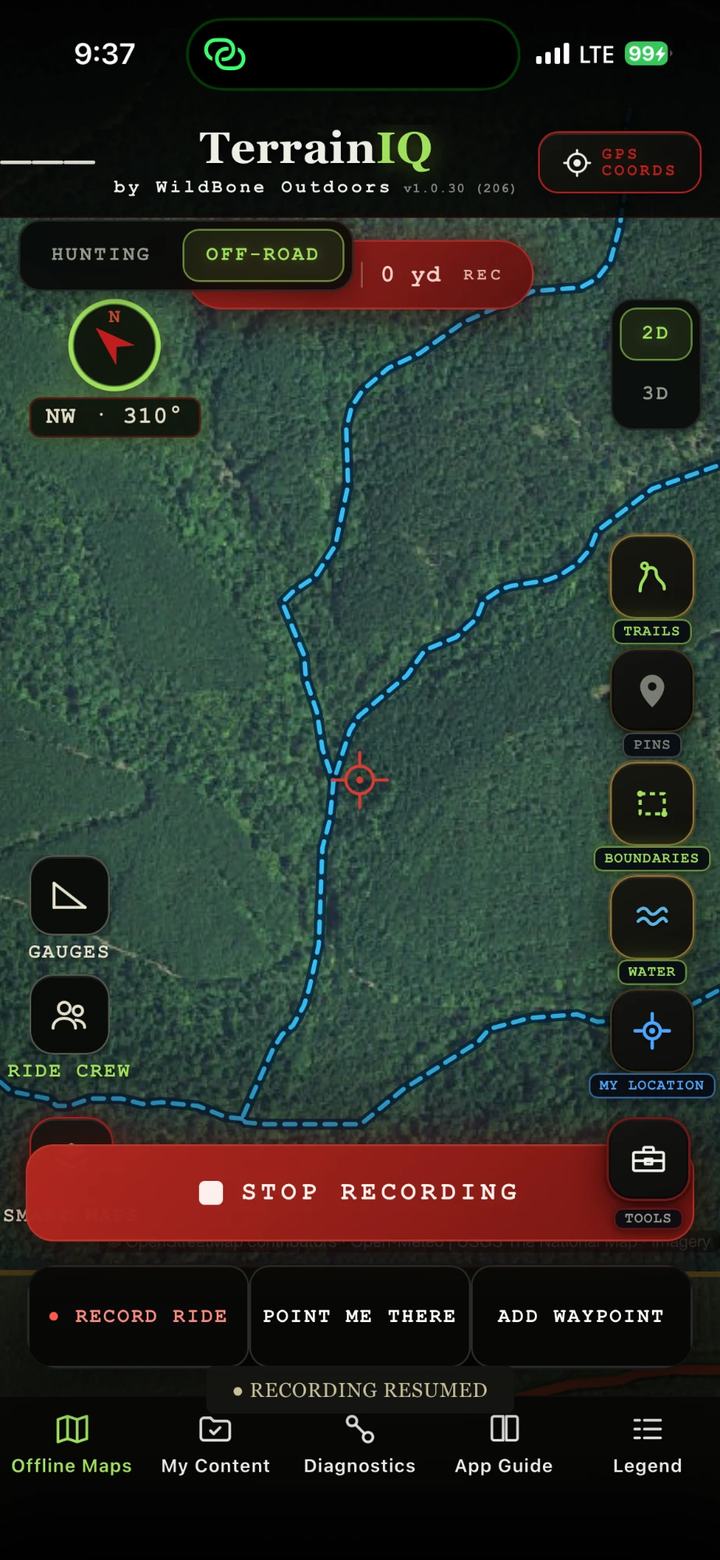 Recording a ride on the off-road map, with Stop Recording, Point Me There and Add Waypoint buttons