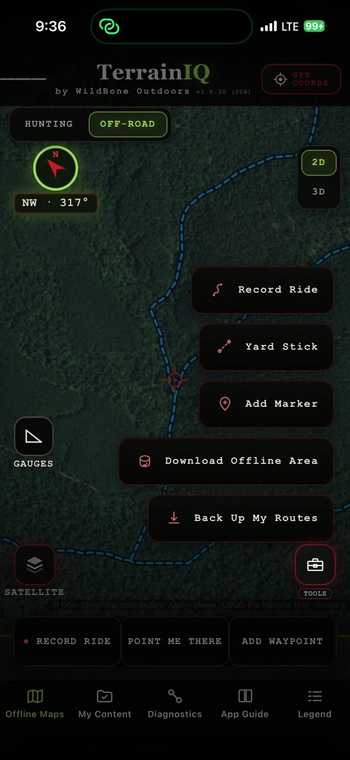 Off-road tools menu: Record Ride, Yard Stick, Add Marker, Download Offline Area, Back Up My Routes