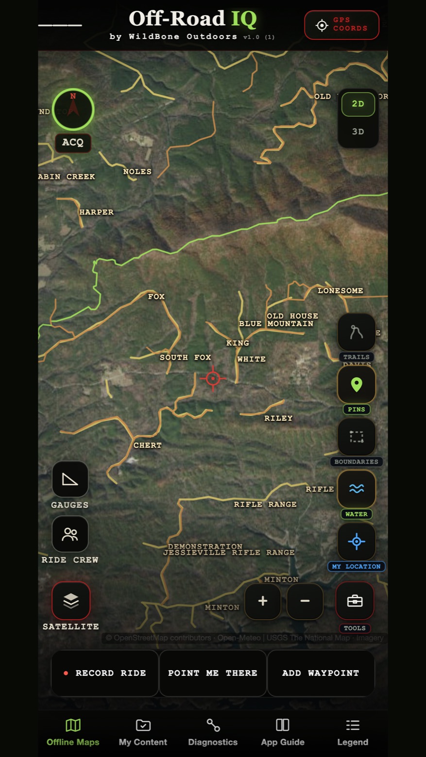 Off-Road IQ trails over satellite: forest roads and named trails